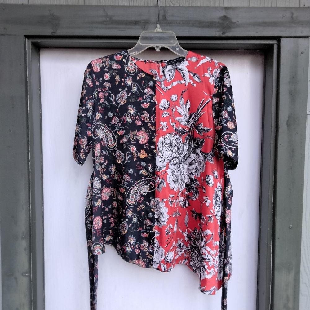 Zara Floral Paisley Print Red Patchwork Top - Asymmetrical Hem Women's Size M
